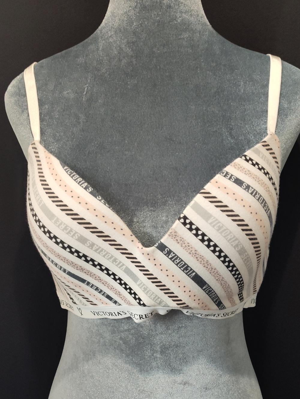 Victoria's Secret White and Light Pink Striped Wireless T Shirt Bra